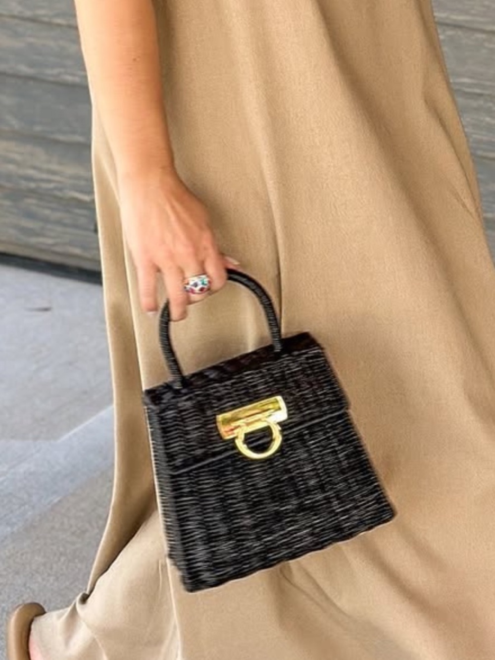 New with Tag Black Rattan Wicker Top Handle Bag